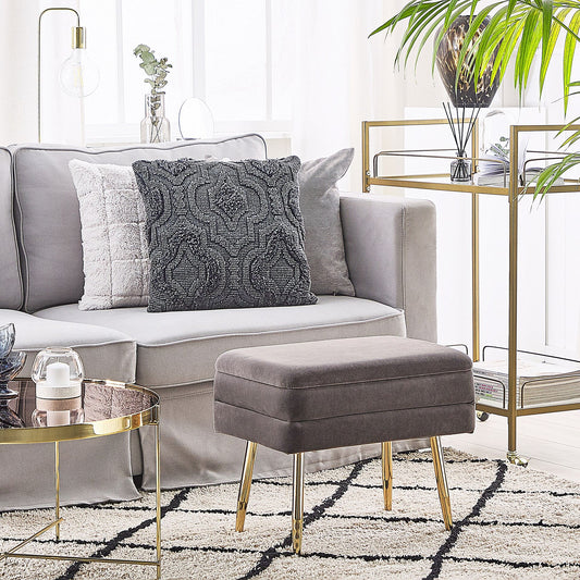 Design Grey Velvet Storage Bench With Golden Iron Legs