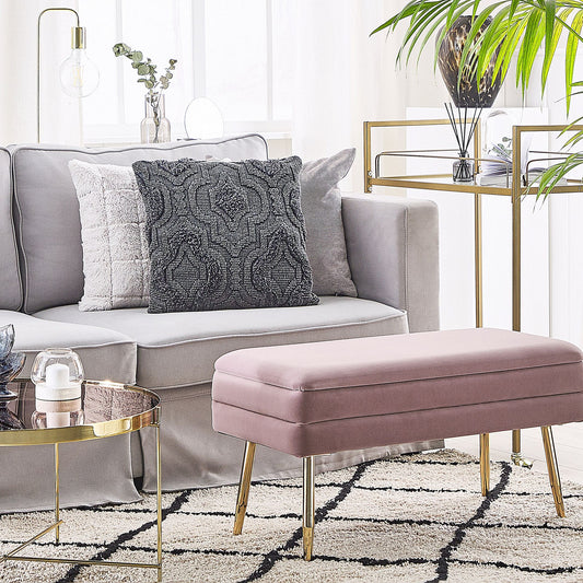 Design Pink Velvet Bedroom Storage Bench With Golden Legs