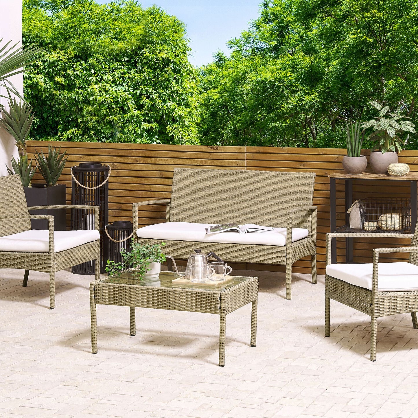 Garden 4 Seater Brown Faux Rattan Patio Set With White Cushions And Rust Resistant Steel Frame