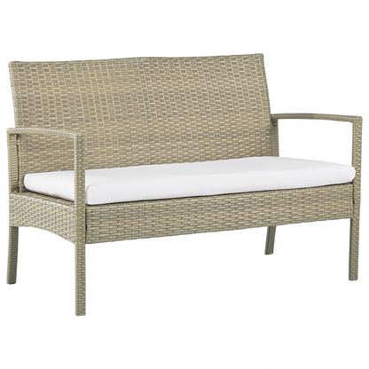 Garden 4 Seater Brown Faux Rattan Patio Set With White Cushions And Rust Resistant Steel Frame