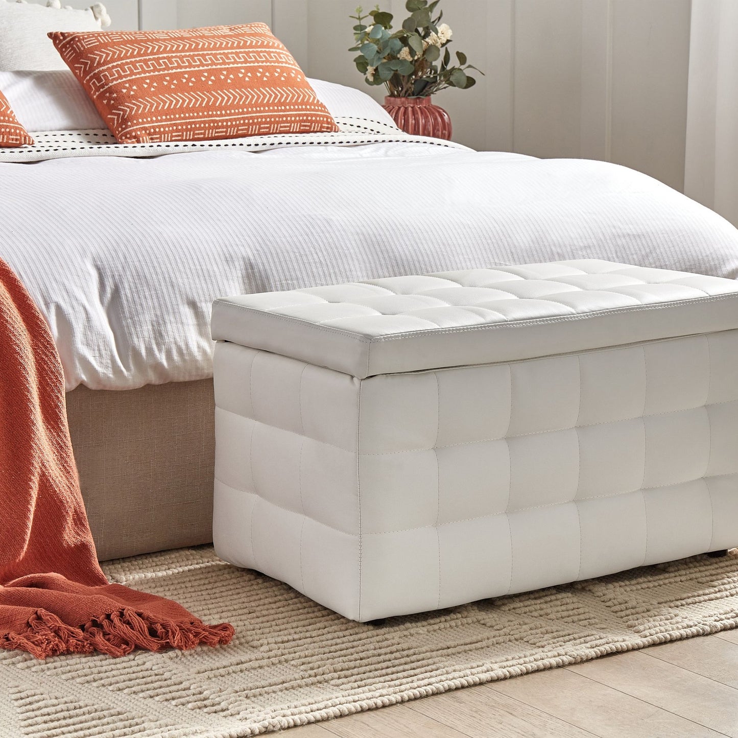 Ottoman White Faux Leather Tufted Storage Bench