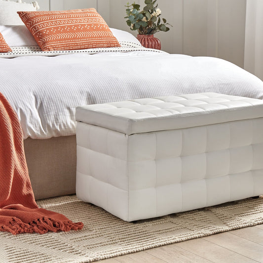 Ottoman White Faux Leather Tufted Storage Bench