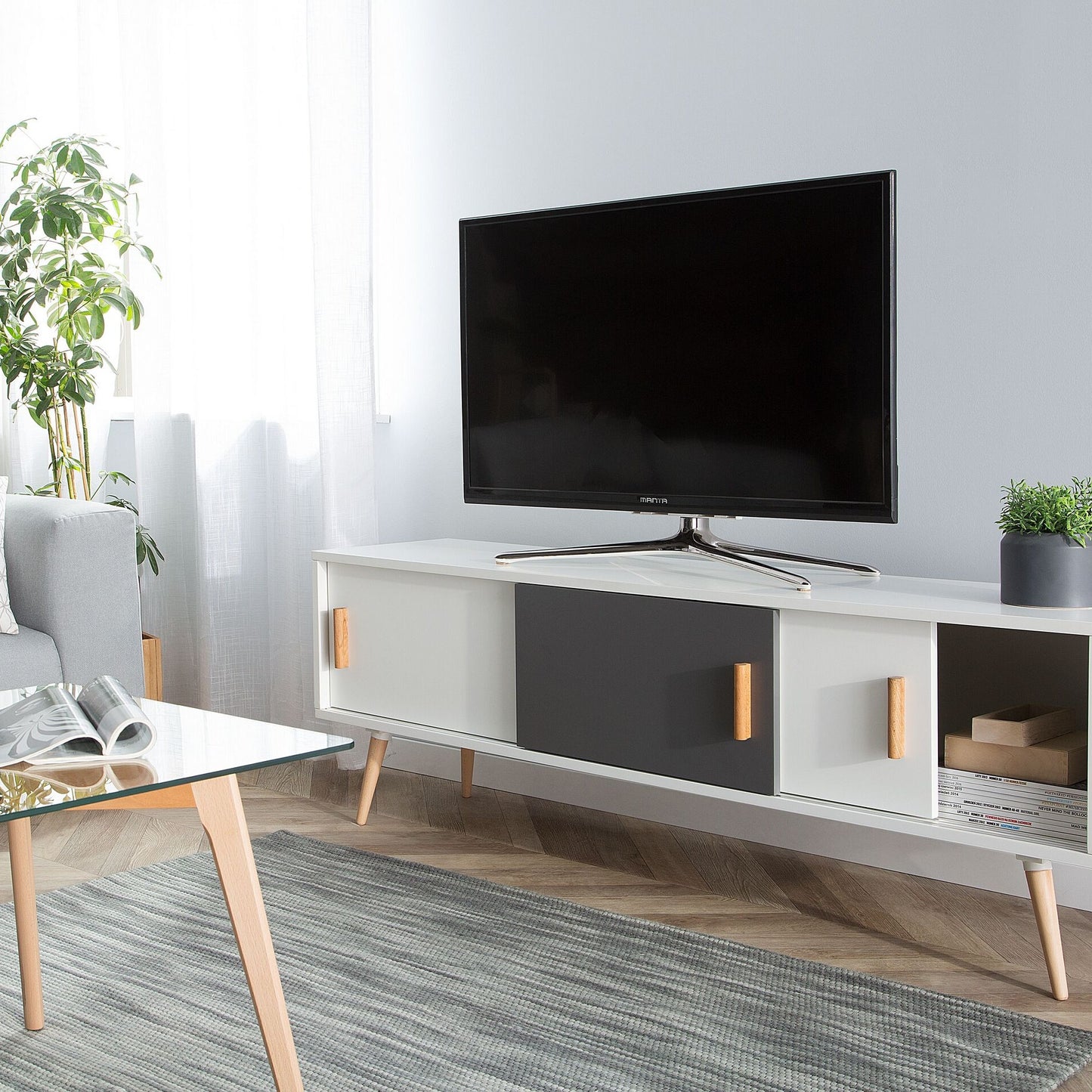 Sideboard White And Grey With Wooden Legs 3 Sliding Doors