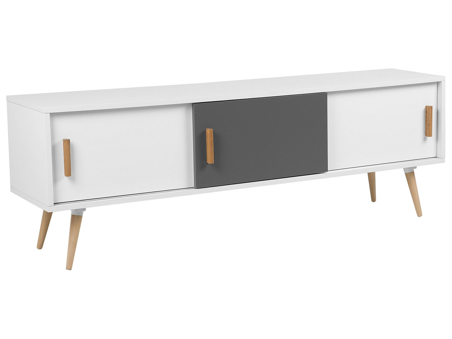 Sideboard White And Grey With Wooden Legs 3 Sliding Doors