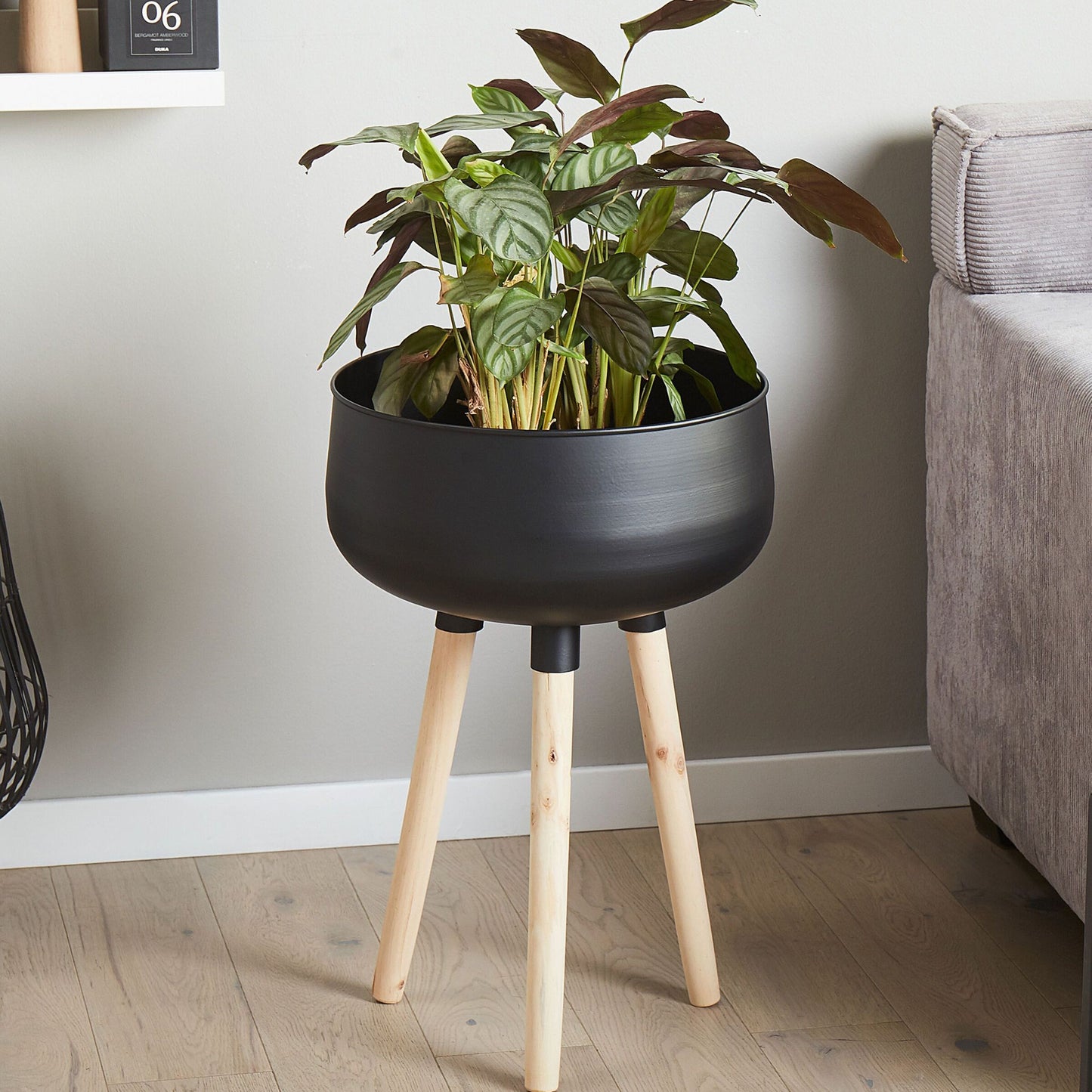 Plant Stand Black Iron Wood Legs 35 x 35 x 55cm Indoor Outdoor