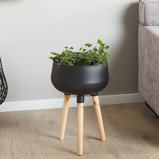 Plant Stand Black Iron Wood Legs 30 x 30 x 47cm UVResistant