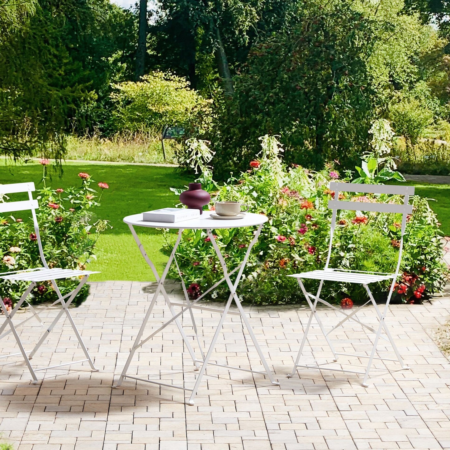 White 3 Piece Metal Folding Bistro Set Outdoor