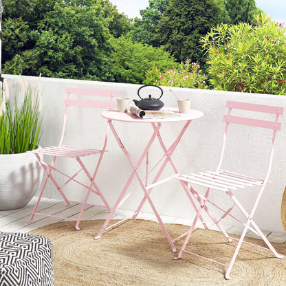 Pastel Pink 3 Piece Bistro Set Folding Metal Chairs Table