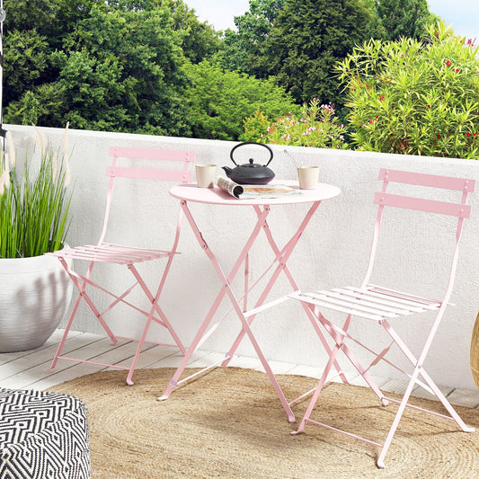 Pastel Pink 3 Piece Bistro Set Folding Metal Chairs Table