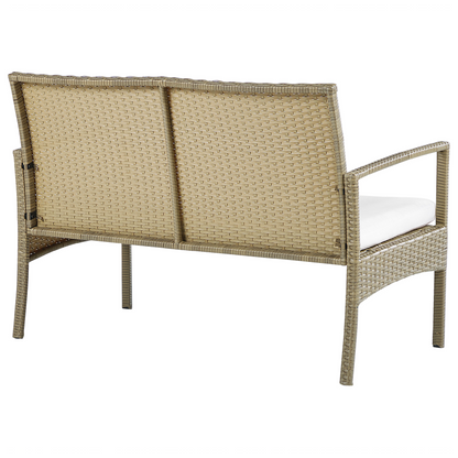 Garden 4 Seater Brown Faux Rattan Patio Set With White Cushions And Rust Resistant Steel Frame