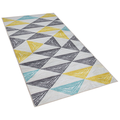 Grey and Yellow Printed Geometric Area Rug Low Pile 80 x 150
