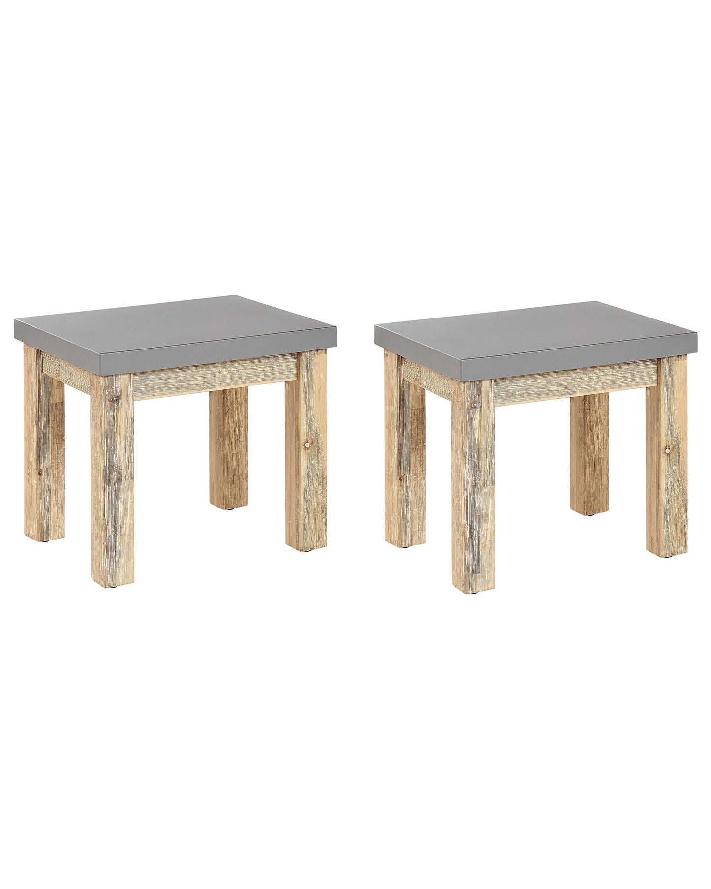 Outdoor Garden Stools Set Of 2 Grey Fibre Cement Seats With Light Acacia Wood Base