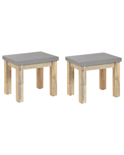 Outdoor Garden Stools Set Of 2 Grey Fibre Cement Seats With Light Acacia Wood Base