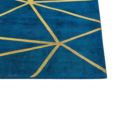Modern Glam Blue Area Rug Handloomed With Gold Geometric Pattern Viscose Cotton 80 X 150cm