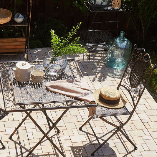 Vintage Iron Garden Chairs Set Of 2 Black Foldable Distressed French Retro Style Outdoor UV And Rust Resistant
