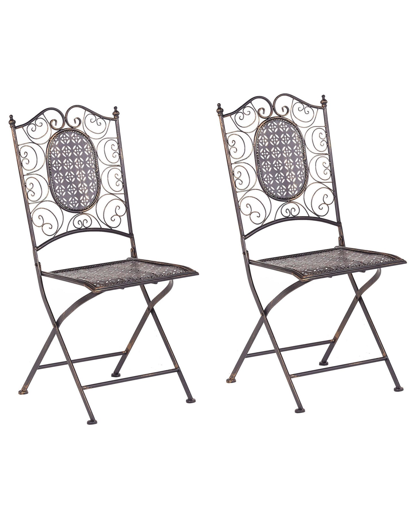 Vintage Iron Garden Chairs Set Of 2 Black Foldable Distressed French Retro Style Outdoor UV And Rust Resistant