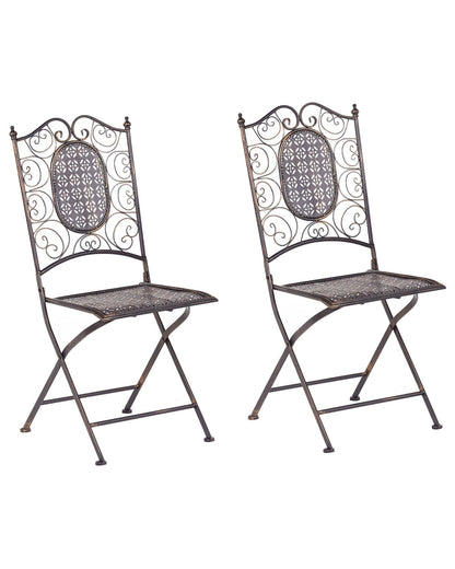 Vintage Iron Garden Chairs Set Of 2 Black Foldable Distressed French Retro Style Outdoor UV And Rust Resistant