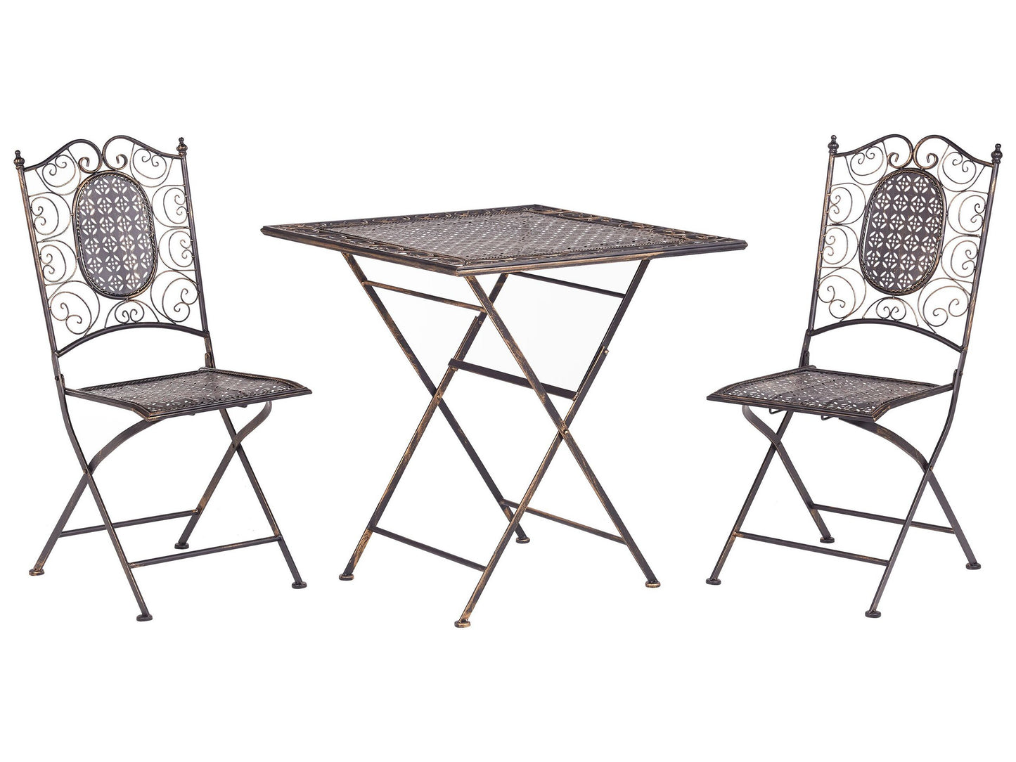 Garden Bistro Black Iron Foldable Distressed Metal Finish Bistro Set Two Chairs And Table Outdoor UV Resistant