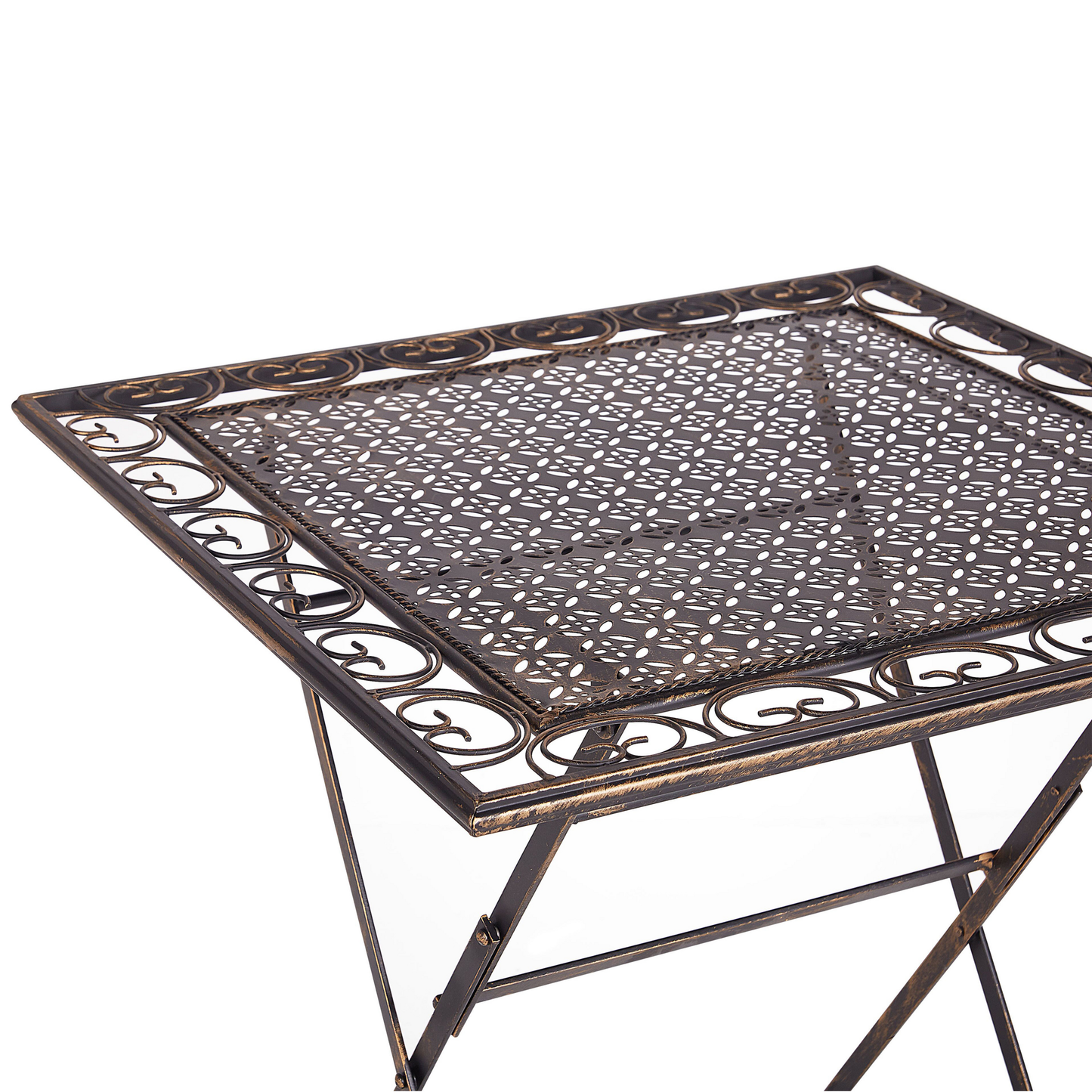 Garden Bistro Black Iron Foldable Distressed Metal Finish Bistro Set Two Chairs And Table Outdoor UV Resistant
