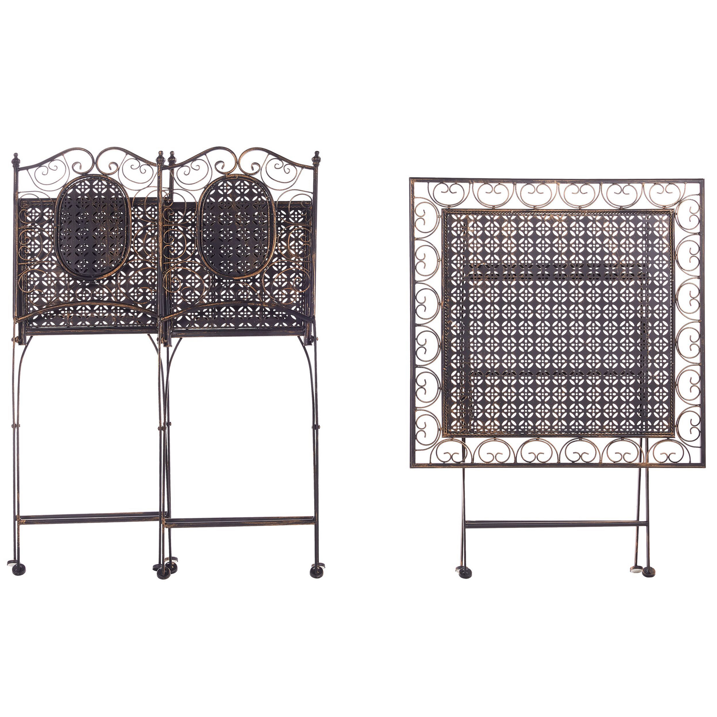 Garden Bistro Black Iron Foldable Distressed Metal Finish Bistro Set Two Chairs And Table Outdoor UV Resistant