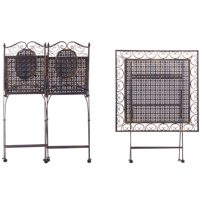 Garden Bistro Black Iron Foldable Distressed Metal Finish Bistro Set Two Chairs And Table Outdoor UV Resistant