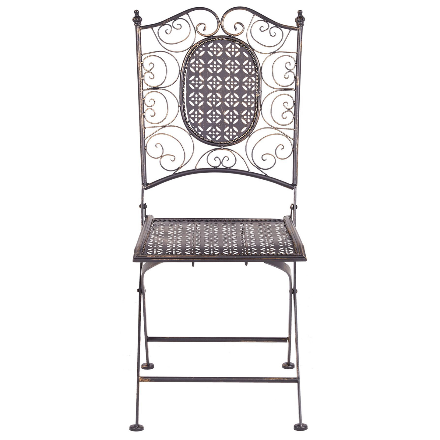 Vintage Iron Garden Chairs Set Of 2 Black Foldable Distressed French Retro Style Outdoor UV And Rust Resistant