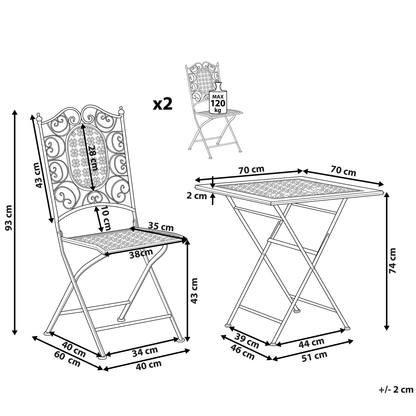 Garden Bistro Black Iron Foldable Distressed Metal Finish Bistro Set Two Chairs And Table Outdoor UV Resistant