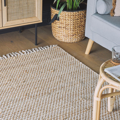 Beige Jute Cotton Area Rug 140 x 200cm Fringed Handwoven