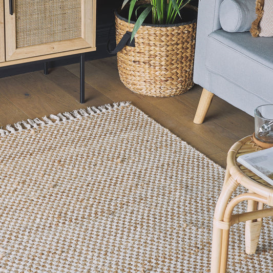Beige Jute Cotton Area Rug 140 x 200cm Fringed Handwoven