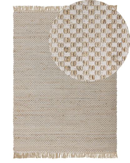 Beige Jute Cotton Area Rug 140 x 200cm Fringed Handwoven