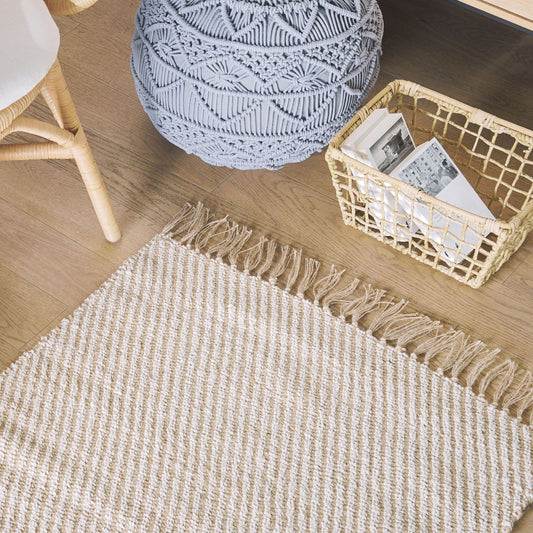 Beige Jute Cotton Area Rug Fringe Handwoven 80 x 150cm