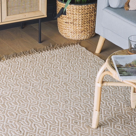 Boho Beige Jute Cotton Area Rug 140 x 200 Fringed Handwoven