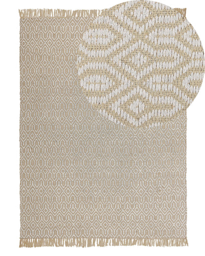 Boho Beige Jute Cotton Area Rug 140 x 200 Fringed Handwoven