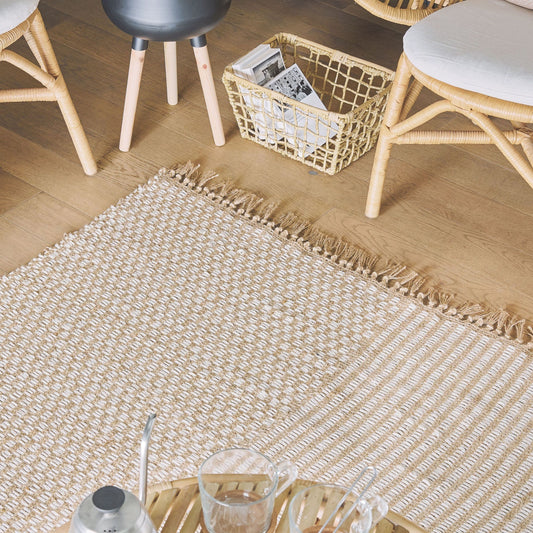 Hand Woven Beige Cotton Area Rug 140 X 200cm With Fringed Edges for Boho Living Rooms