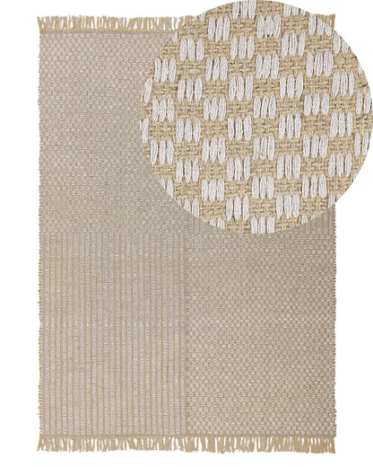 Hand Woven Beige Cotton Area Rug 140 X 200cm With Fringed Edges for Boho Living Rooms