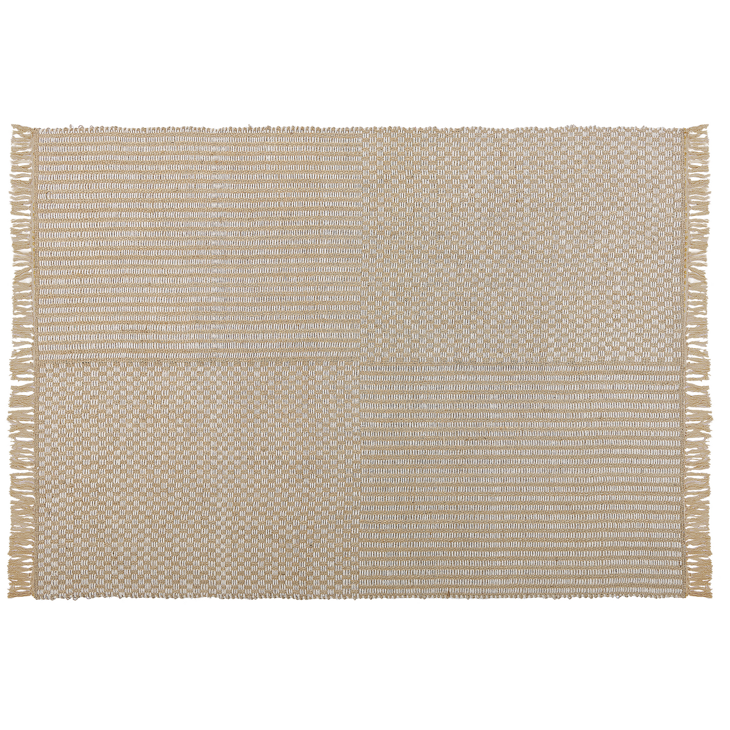 Hand Woven Beige Cotton Area Rug 140 X 200cm With Fringed Edges for Boho Living Rooms