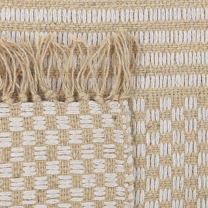 Hand Woven Beige Cotton Area Rug 140 X 200cm With Fringed Edges for Boho Living Rooms