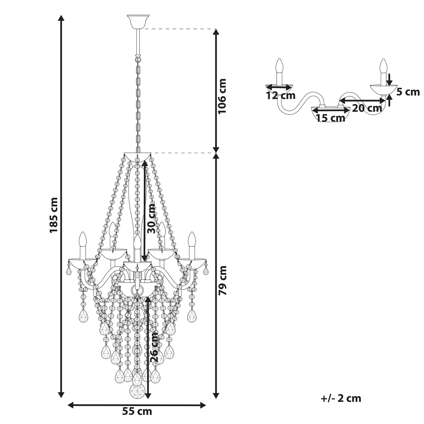 Ceiling Lamp Silver Crystal 185cm High Gloss 5 Lights