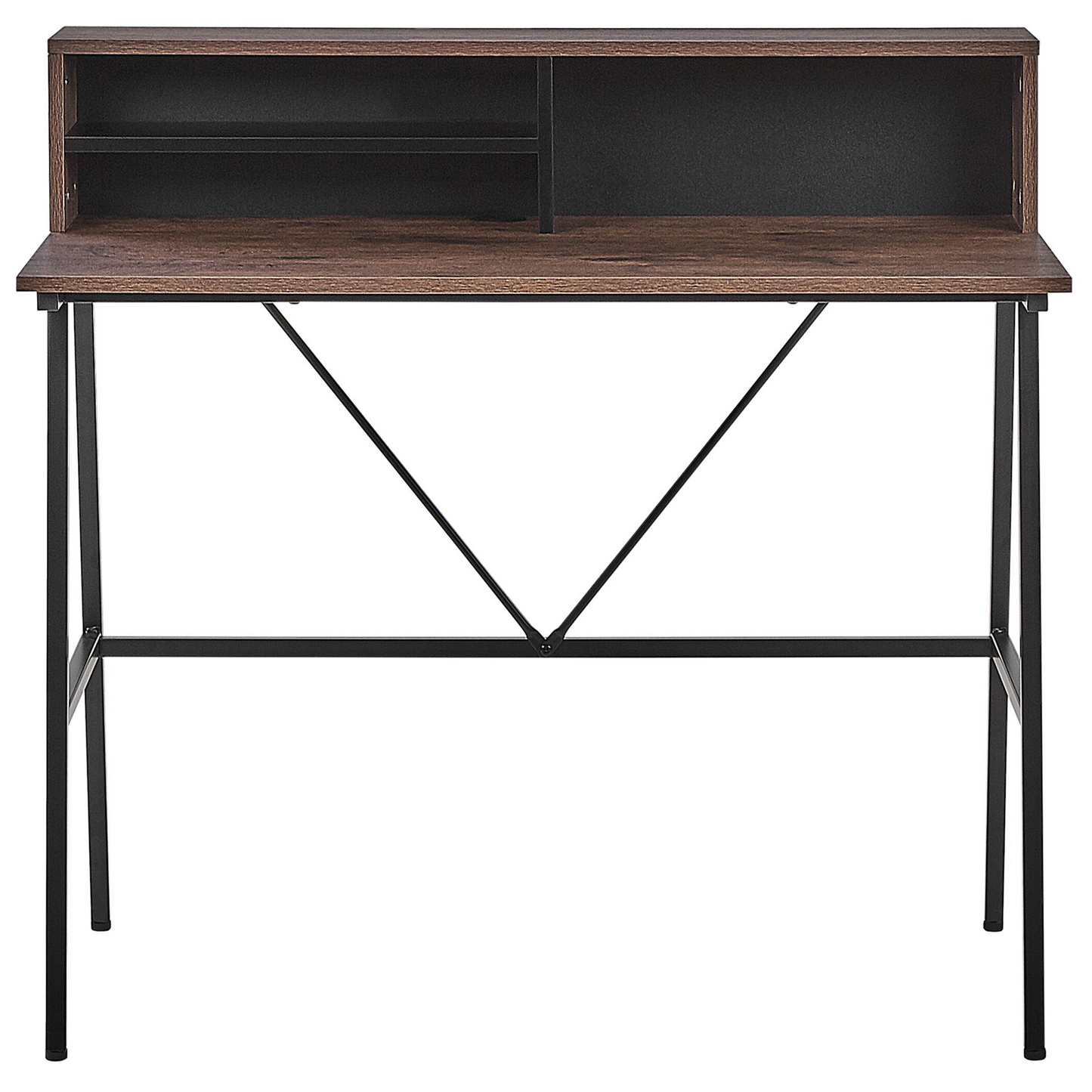 Elara Desk Dark Brown Top 100 x 50cm Black Metal Frame Shelves