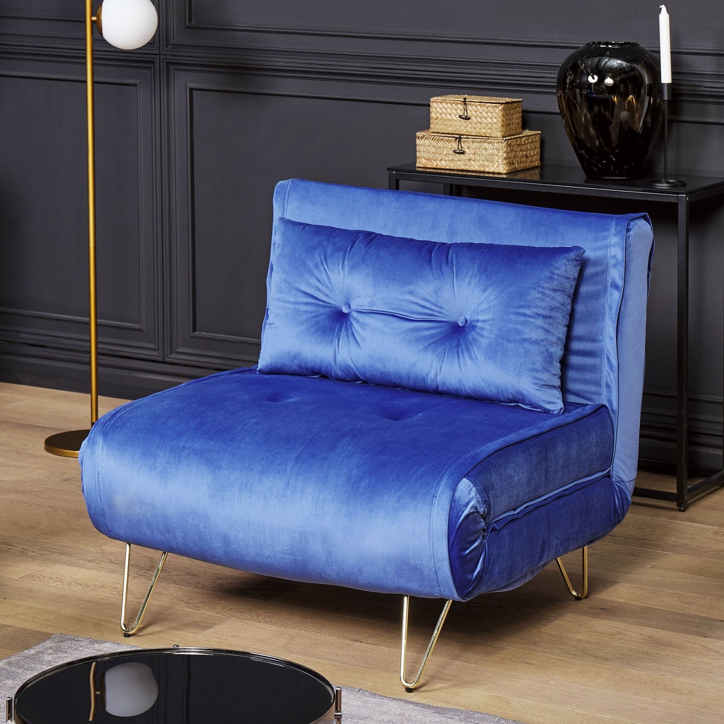 Small Navy Velvet Sofa Bed 1 Seater Fold Out With Gold Legs