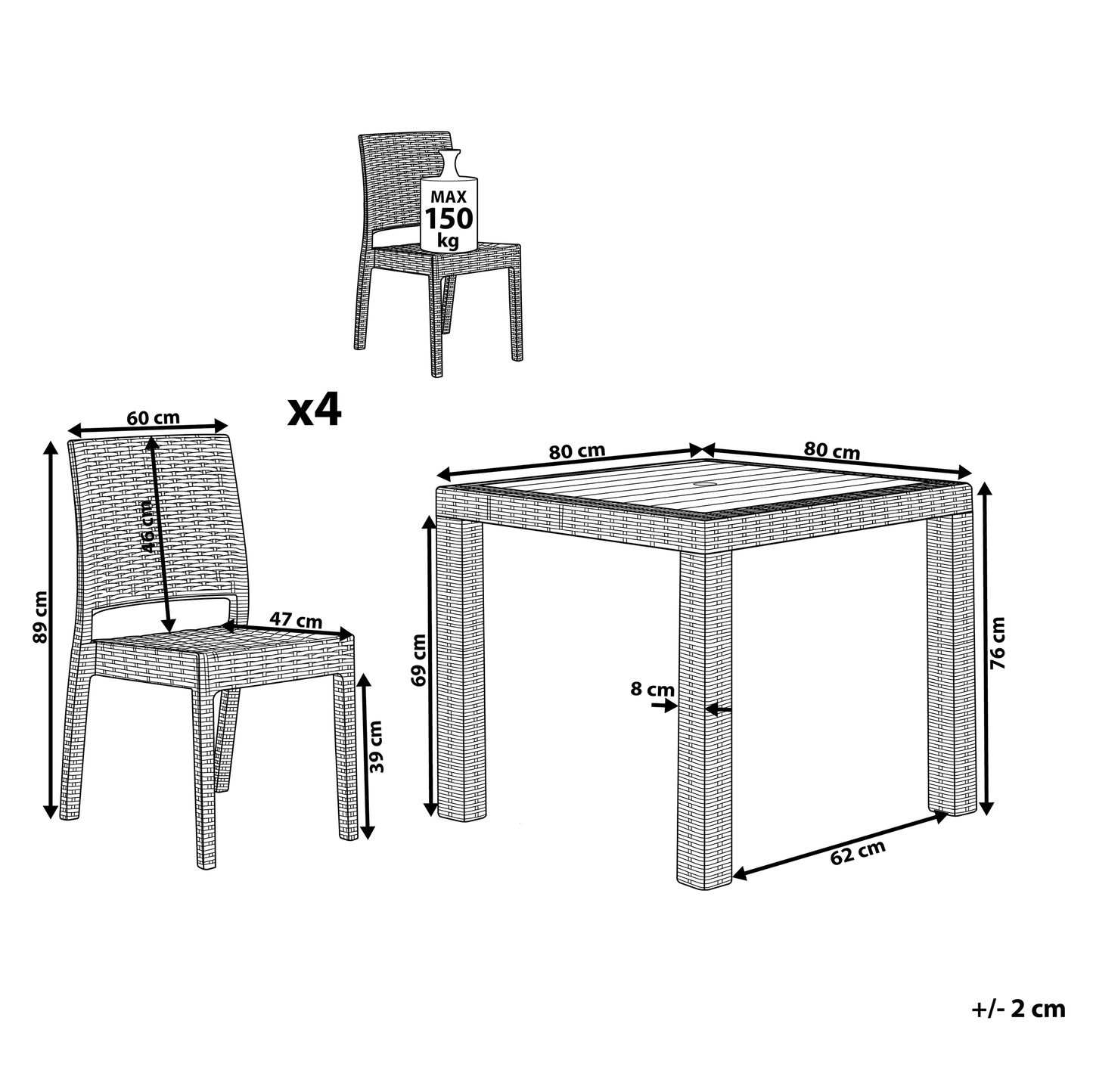 Garden Dining Set Grey Square Table 80 x 80 4 Stackable Chairs