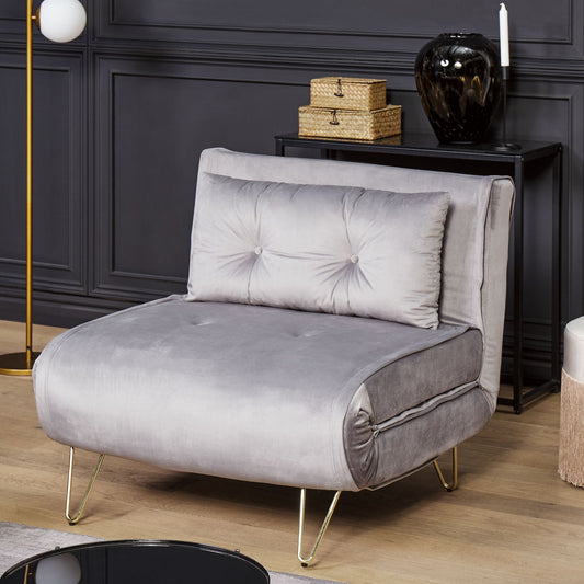 Small Sofa Bed Grey Velvet 1 Seater Fold Out Sleeper Armless With Cushion Gold Metal Legs
