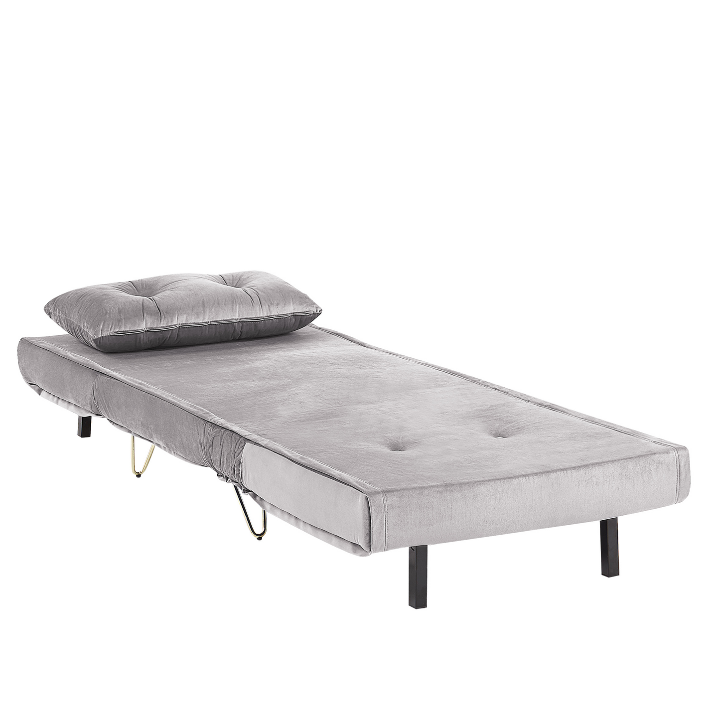 Small Sofa Bed Grey Velvet 1 Seater Fold Out Sleeper Armless With Cushion Gold Metal Legs