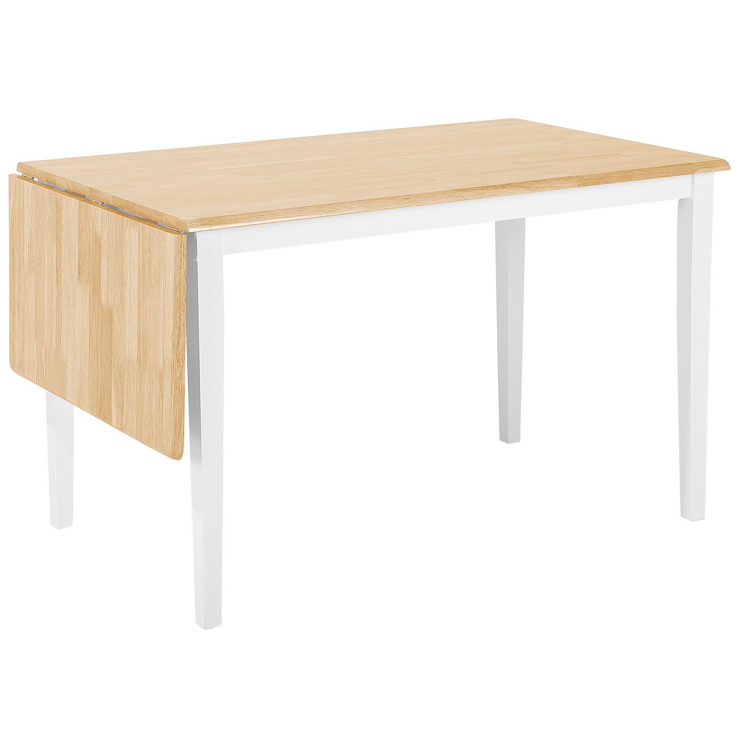 Dining Table Light Brown Rubberwood Drop Leaf White Legs
