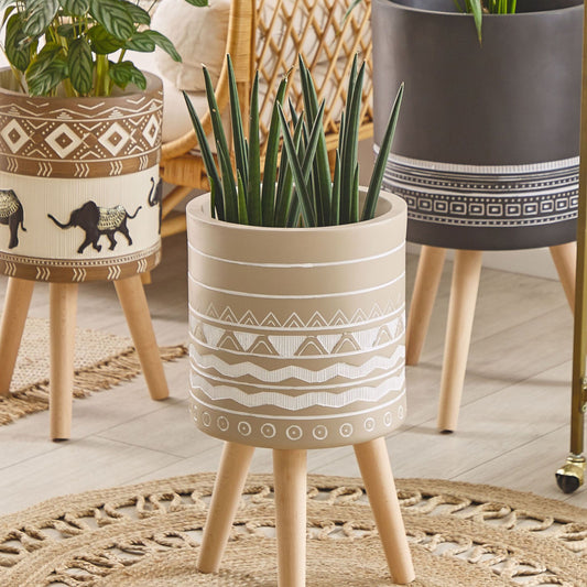 Beige Ceramic Plant Stand With Solid Wood Legs 30cm Round