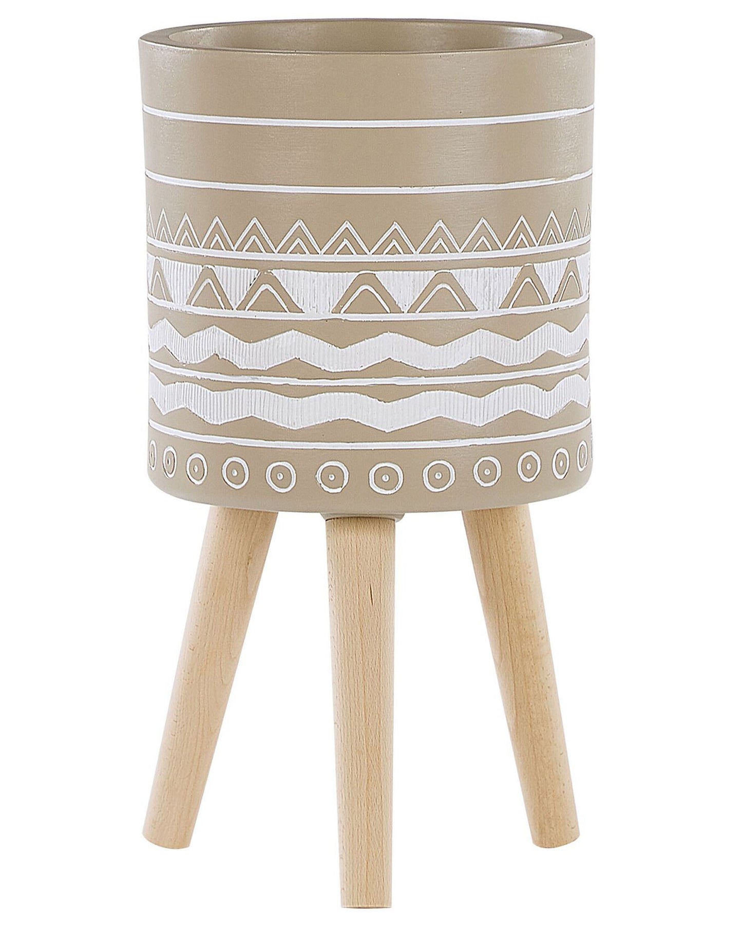 Beige Ceramic Plant Stand With Solid Wood Legs 30cm Round