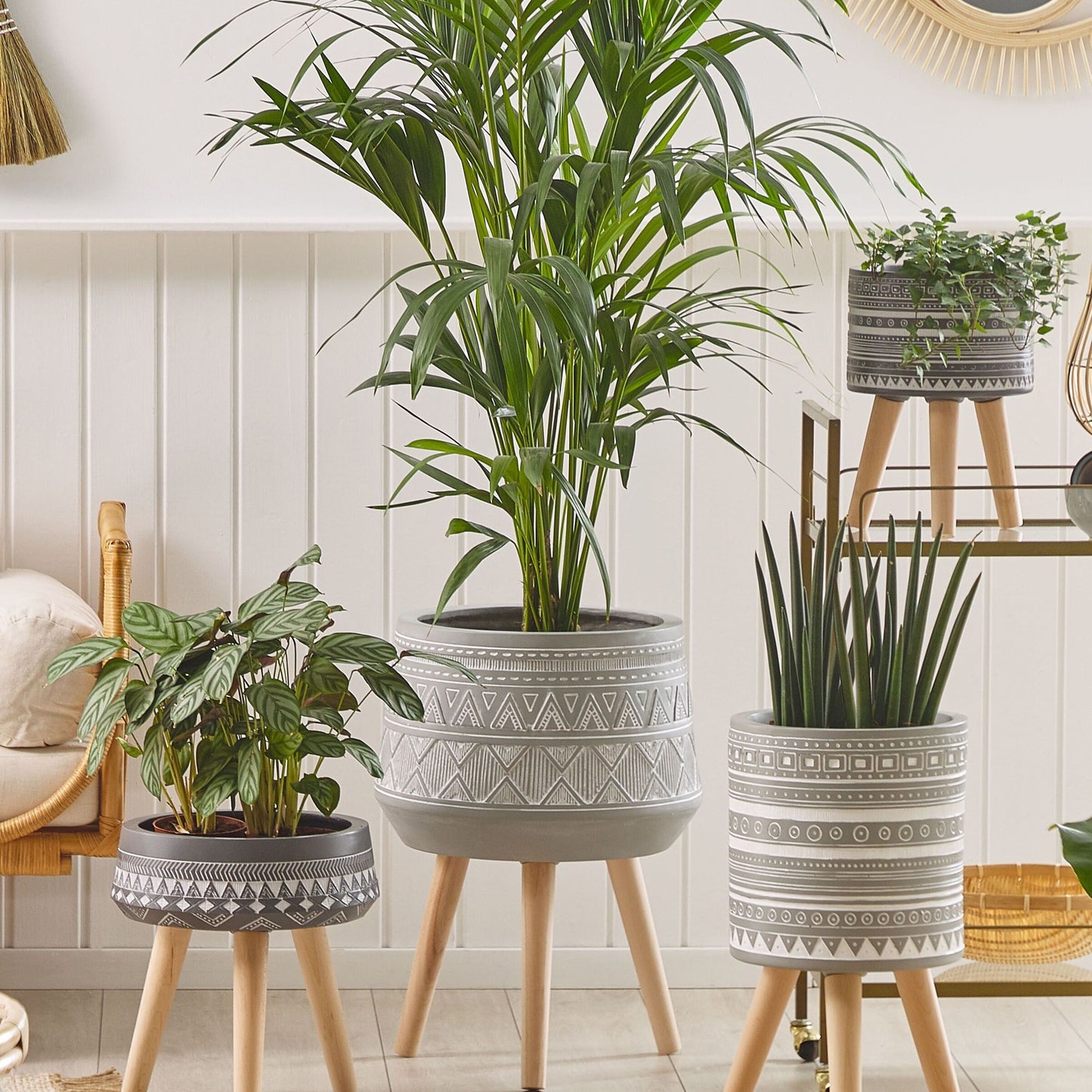 Plant Stand Light Grey Magnesium Round Wood Base Boho Tall