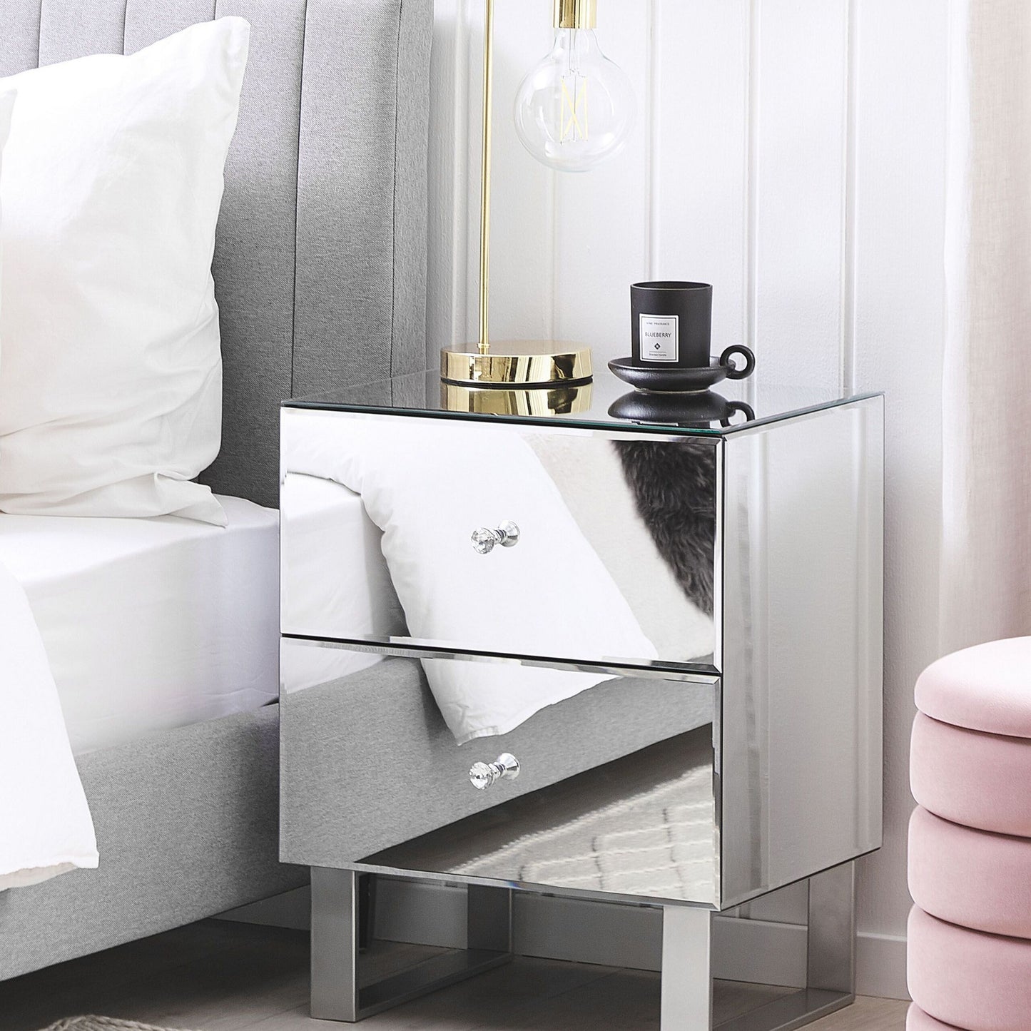 Glamora 2 Drawer Mirrored Bedside Table Silver Glass Crystal Knob