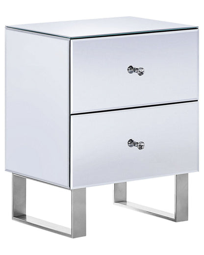 Glamora 2 Drawer Mirrored Bedside Table Silver Glass Crystal Knob