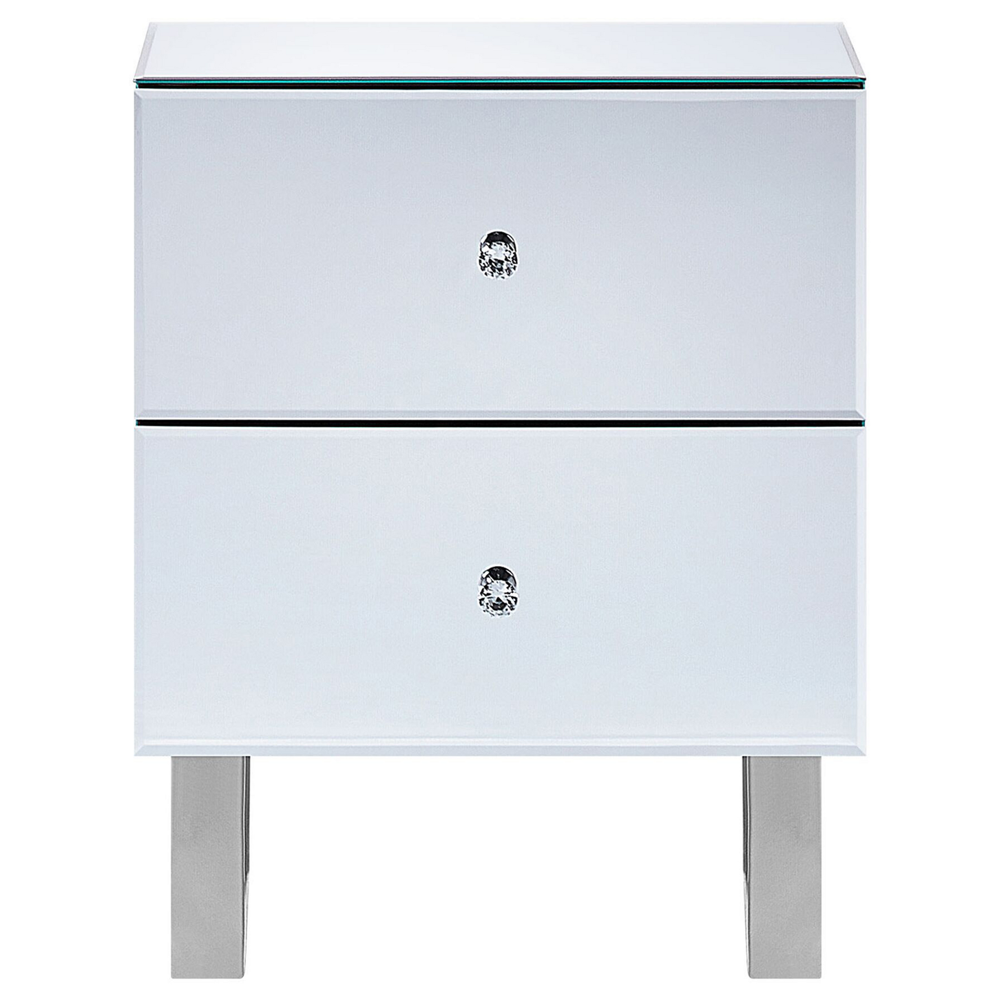 Glamora 2 Drawer Mirrored Bedside Table Silver Glass Crystal Knob